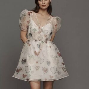 Heart Patterned Sheer Dress FARM Rio Semi-Sheer Puff-Sleeve Mini Dress
